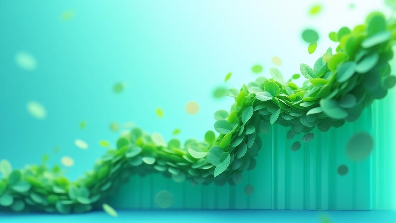 金融と環境が融合した抽象的なビジュアル。成長を示す株価のグラフが緑豊かな自然のモチーフと絡み合い、持続可能な未来への投資を象徴しています。